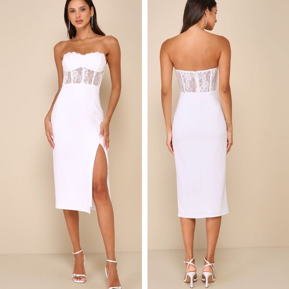 Lulu's White Strapless Midi Dress with Lace Bodice
